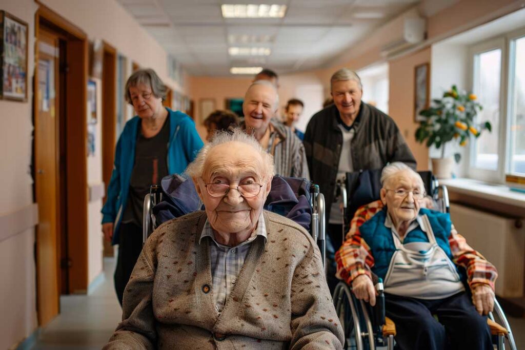 A caregiver gently assisting an older adult with dementia during a daily activity in a bright, comfortable living space.