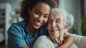 Older adults chatting together in a bright common room while a family member visits.
